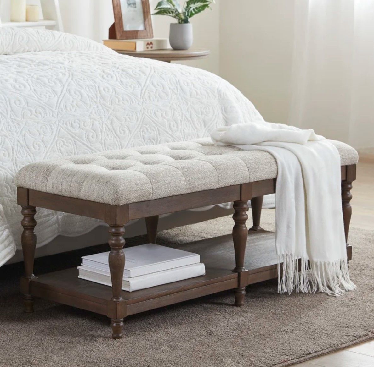 Martha Stewart Highland Tufted Accent Bench with Shelf thumbnail 2