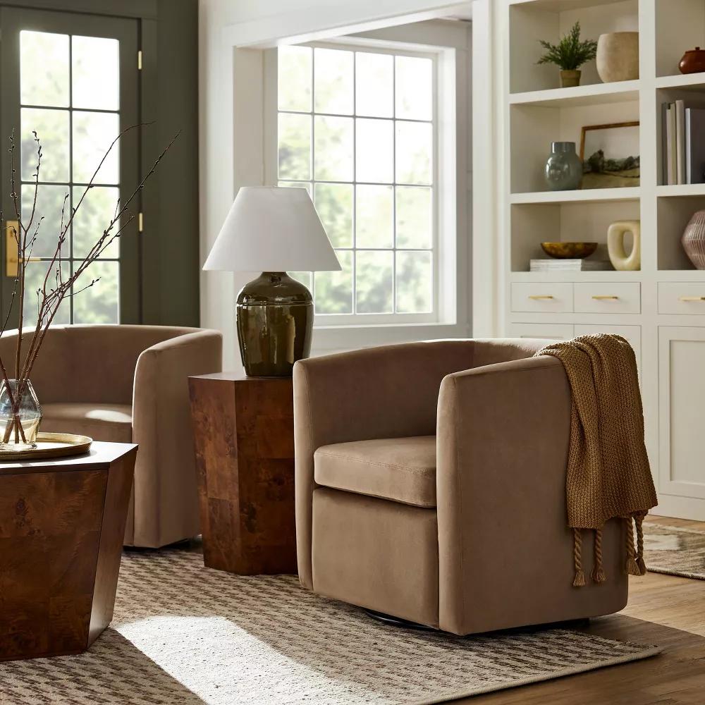Vernon Upholstered Barrel Swivel Chair Light Brown Velvet thumbnail 2