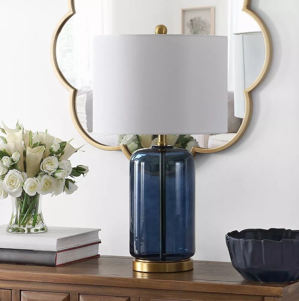 Novah Glass Table Lamp Blue Safavieh thumbnail 2