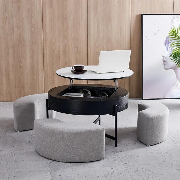 Modern Round Lift Top Coffee Table with Storage and 3 Ottoman thumbnail 2