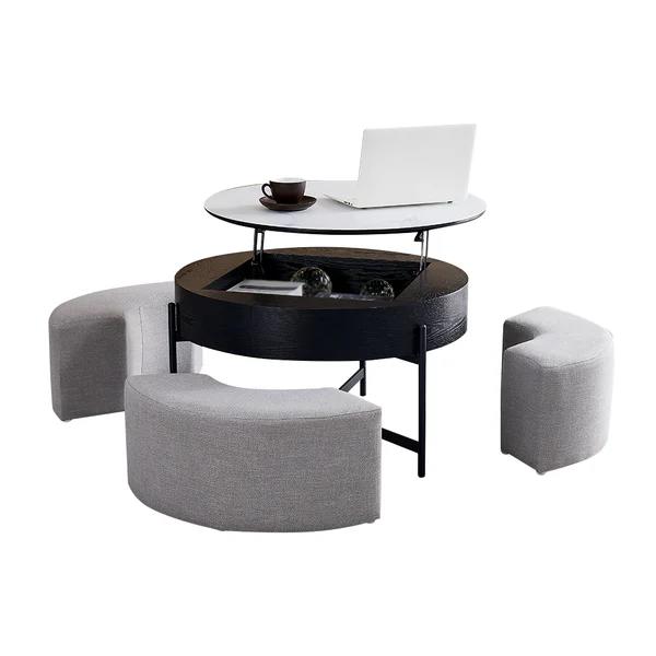 Modern Round Lift Top Coffee Table with Storage and 3 Ottoman thumbnail 3