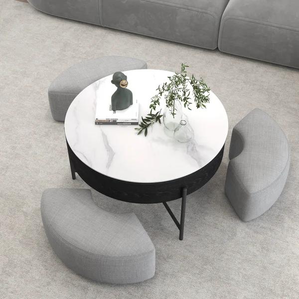 Modern Round Lift Top Coffee Table with Storage and 3 Ottoman thumbnail 4