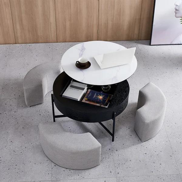 Modern Round Lift Top Coffee Table with Storage and 3 Ottoman thumbnail 5