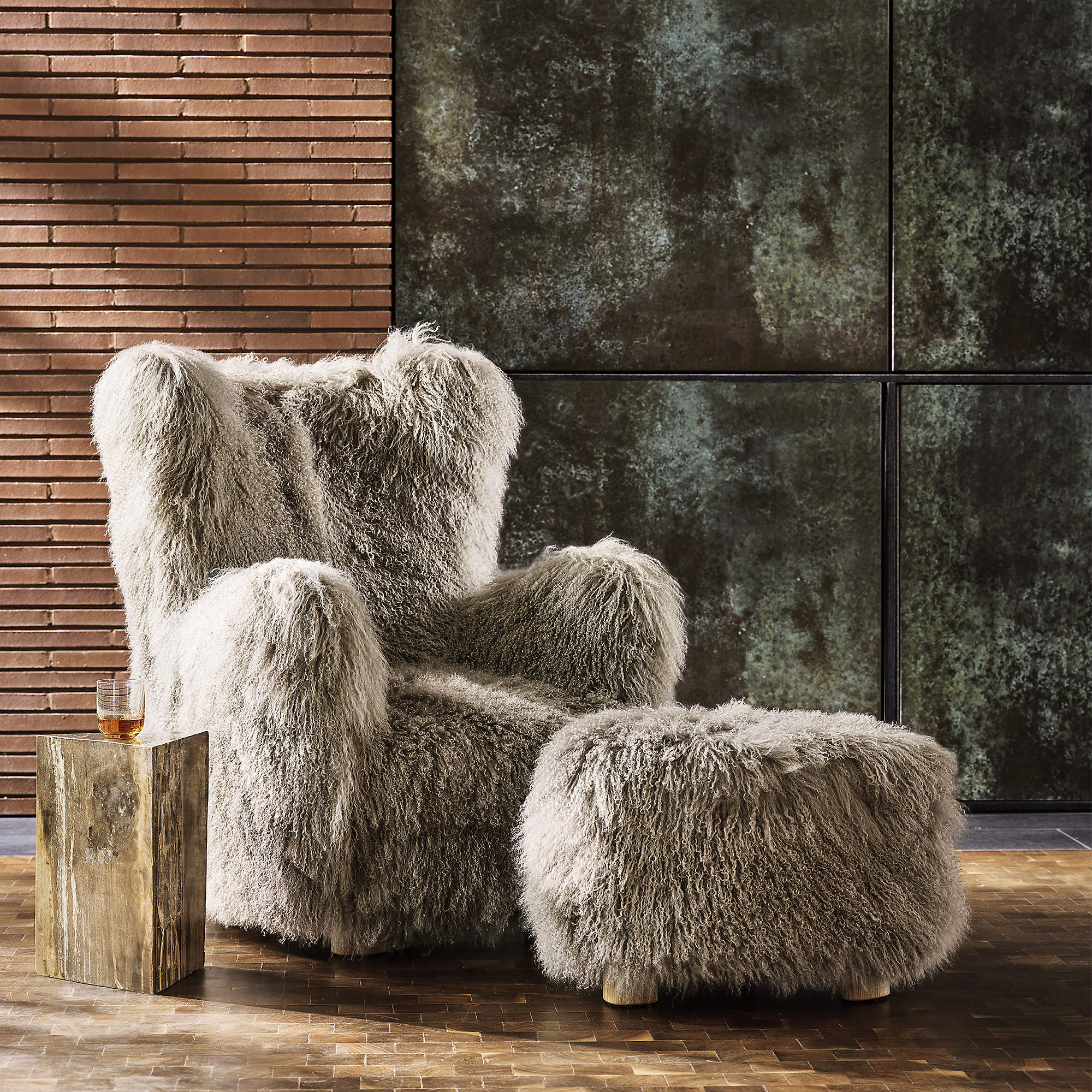 Bozzi Taupe Mongolian Sheepskin Ottoman thumbnail 2