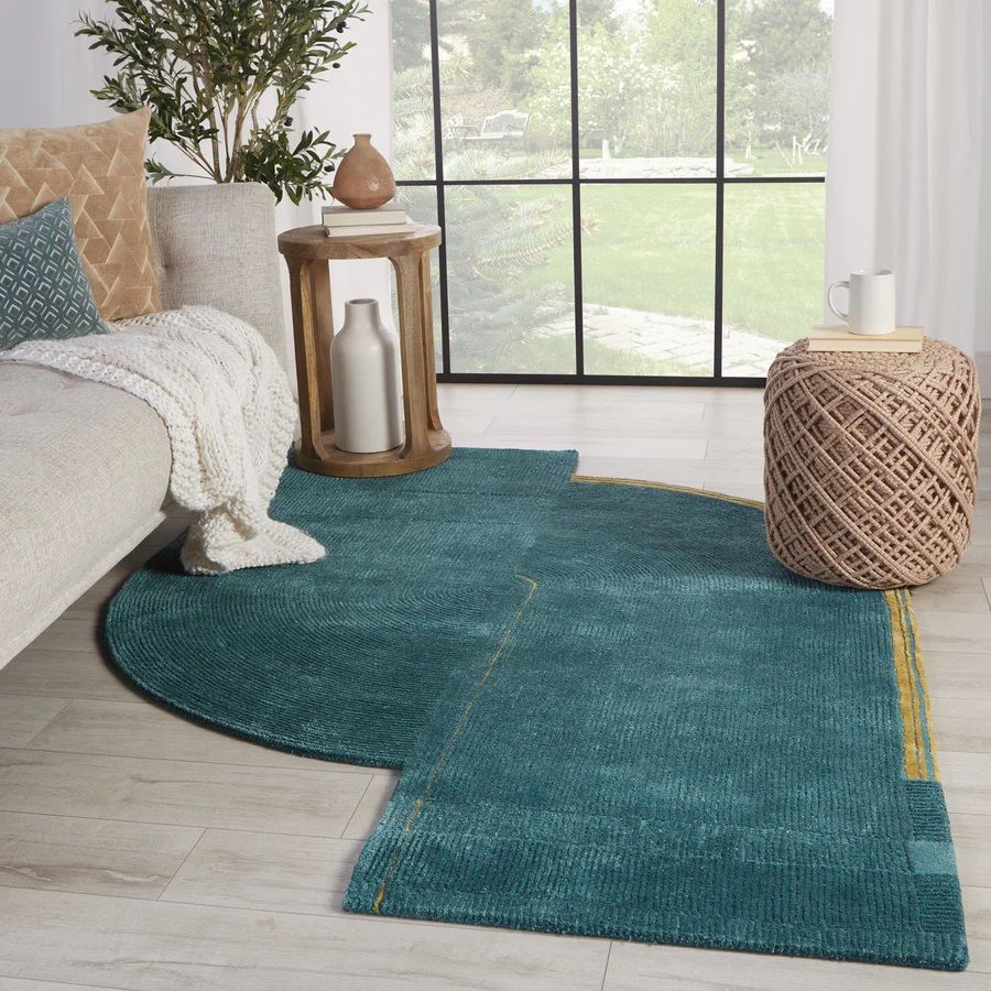 Zephyr Handmade Abstract Teal & Gold Rug thumbnail 2