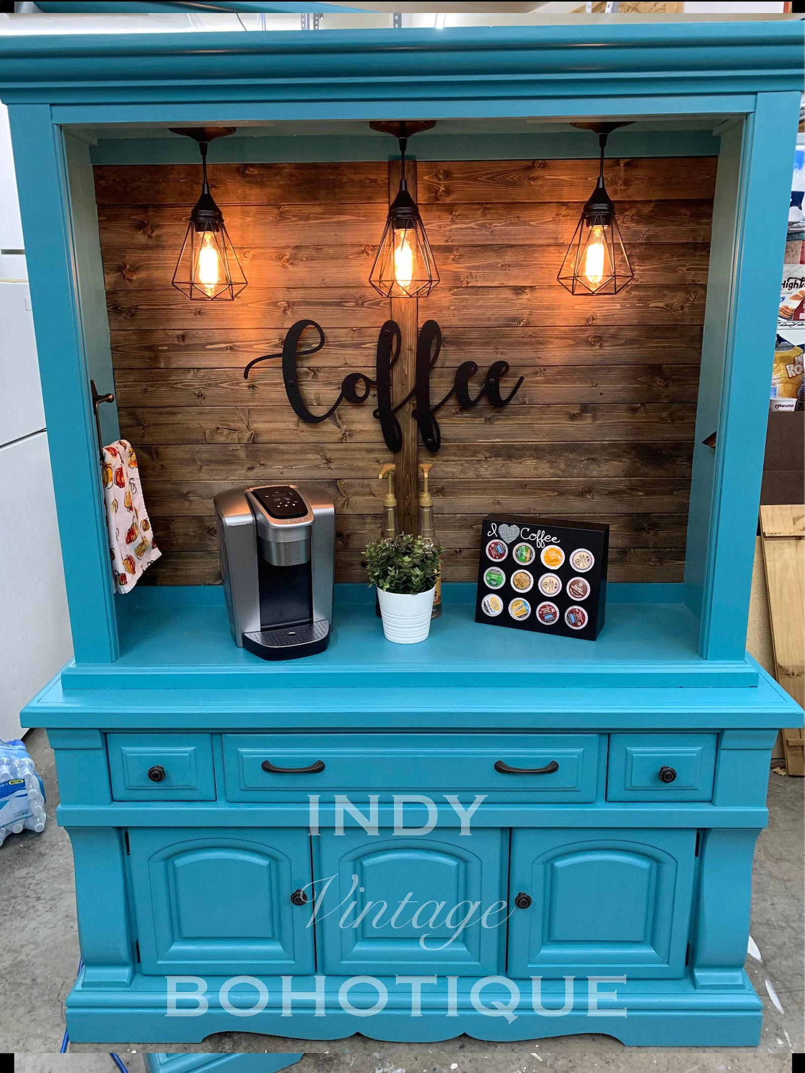Custom Teal Blue Large China Cabinet Hutch Coffee Bar thumbnail 2