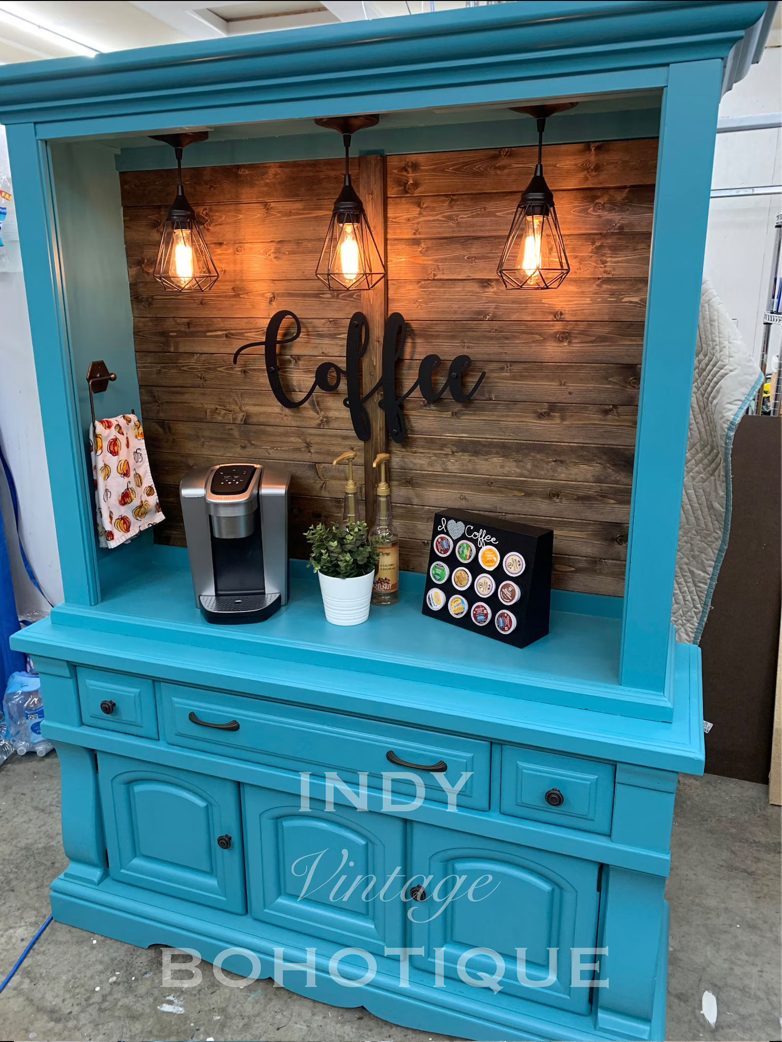 Custom Teal Blue Large China Cabinet Hutch Coffee Bar thumbnail 3