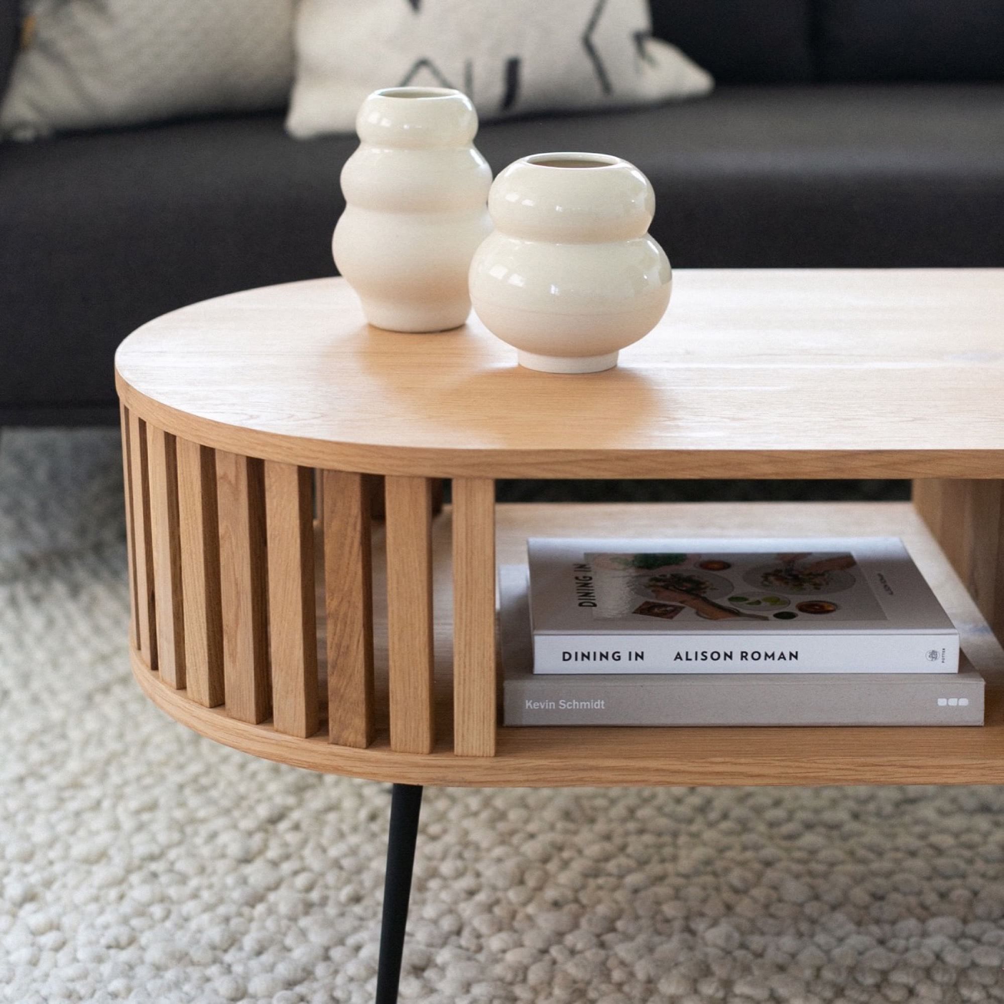 Rounded Wood Slats Oval Coffee Table thumbnail 2
