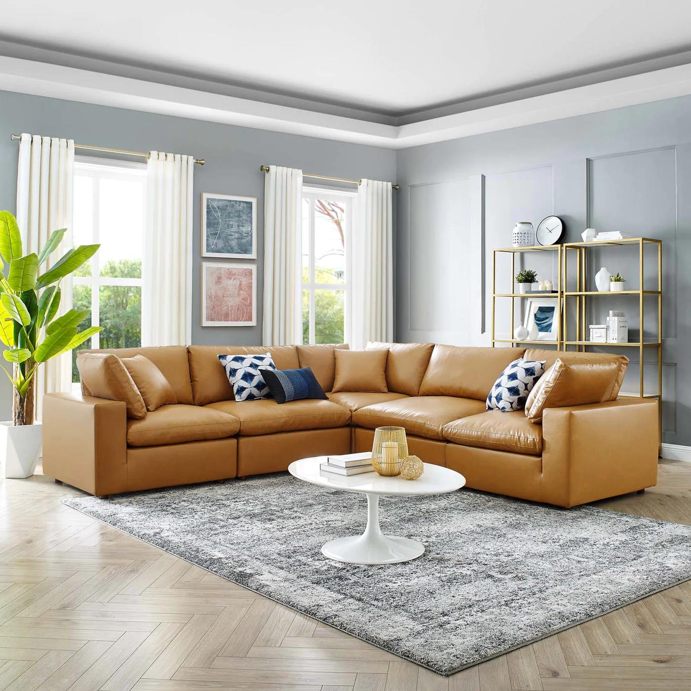 Moxi 5 Piece Overstuffed Vegan Leather Sectional Sofa Tan thumbnail 2