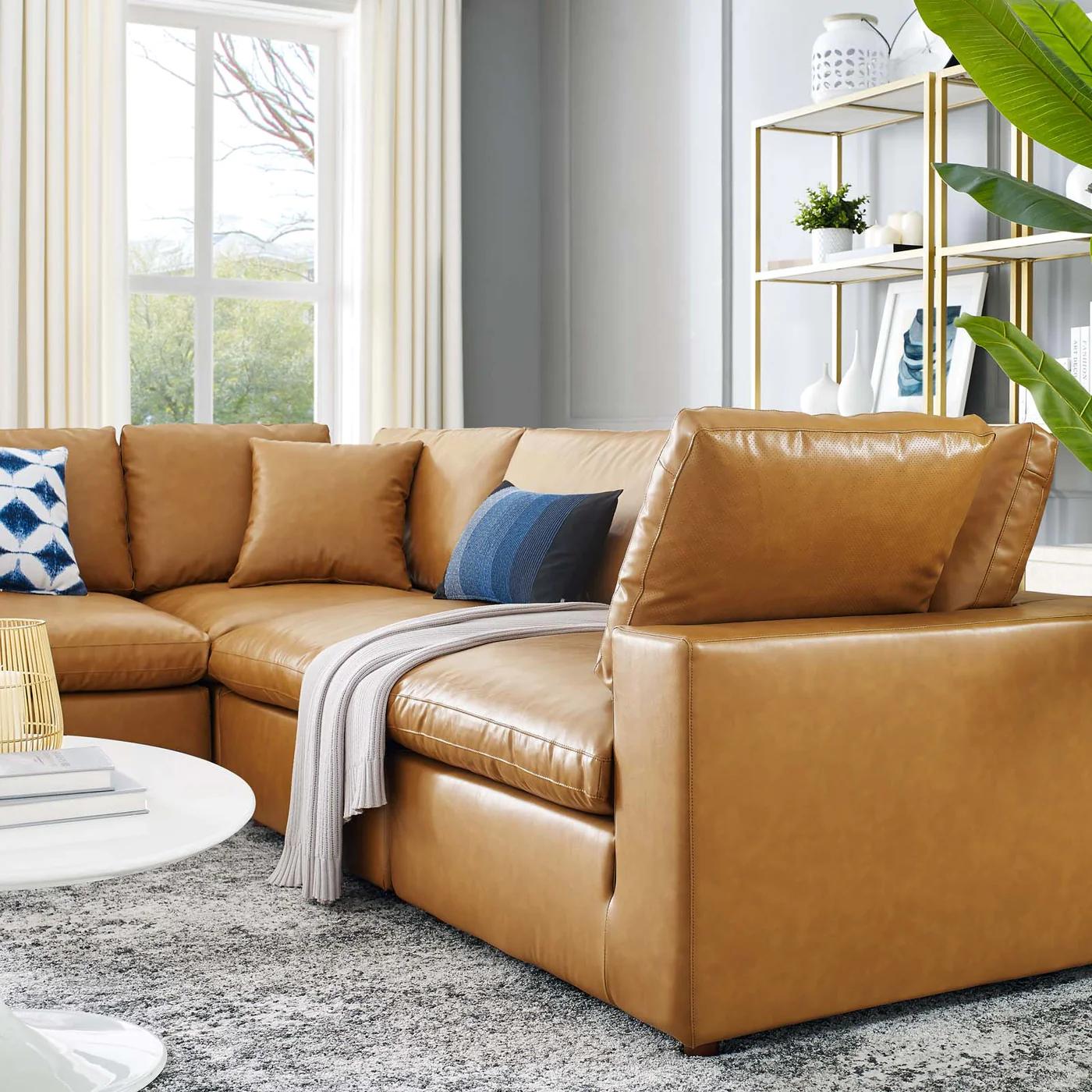 Moxi 5 Piece Overstuffed Vegan Leather Sectional Sofa Tan thumbnail 10
