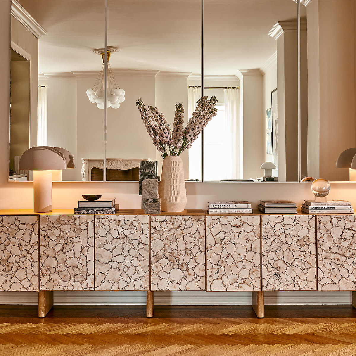 Lina 64" Stone and White Oak Wood Credenza thumbnail 2