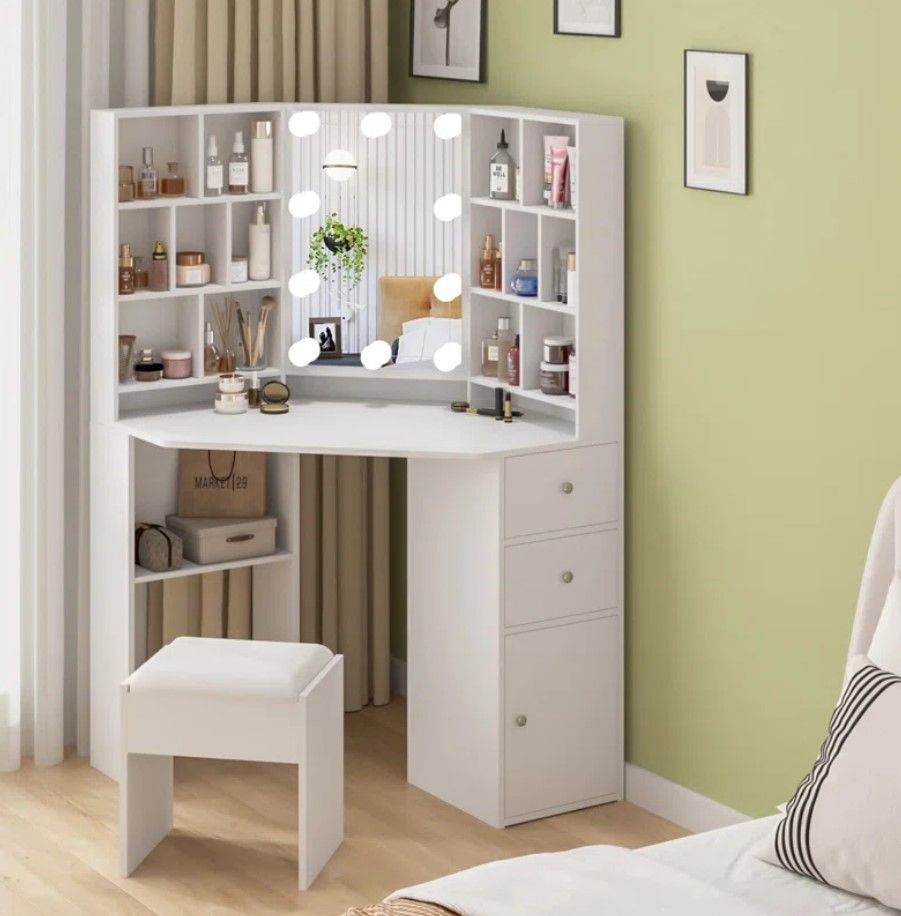  Wide Corner Vanity Set with Stool and Mirror thumbnail 4