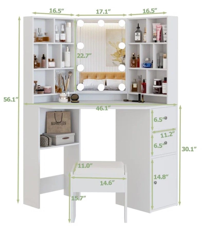  Wide Corner Vanity Set with Stool and Mirror thumbnail 6