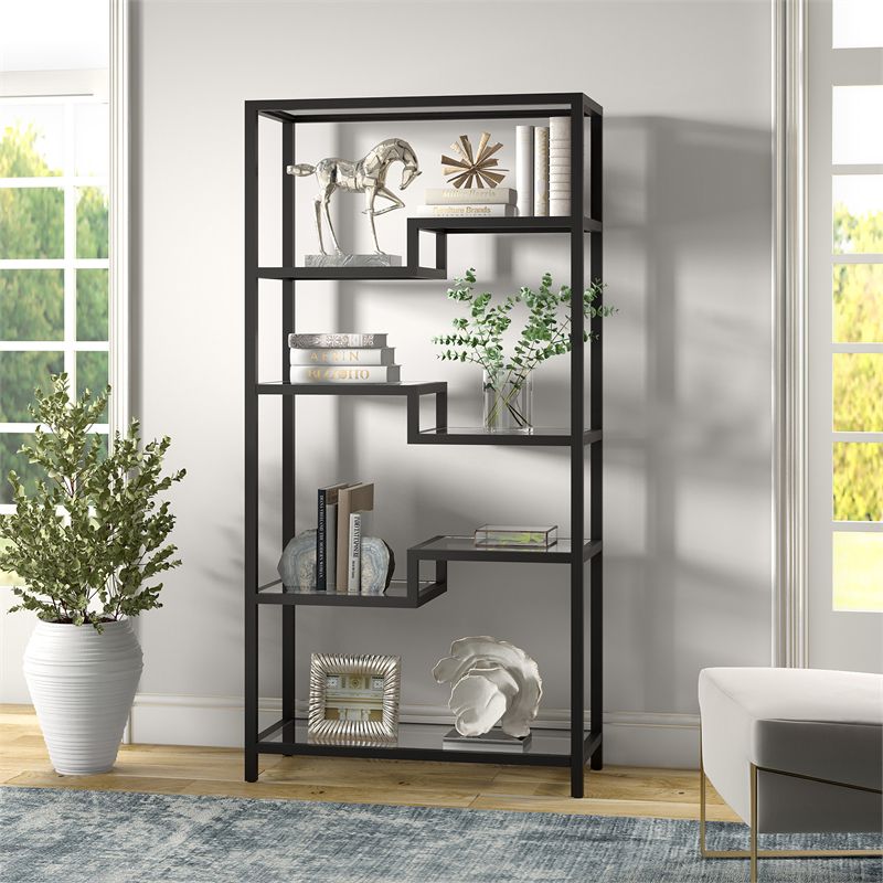 5 Tier Black Metal Book Case with Glass Top Shelves thumbnail 2