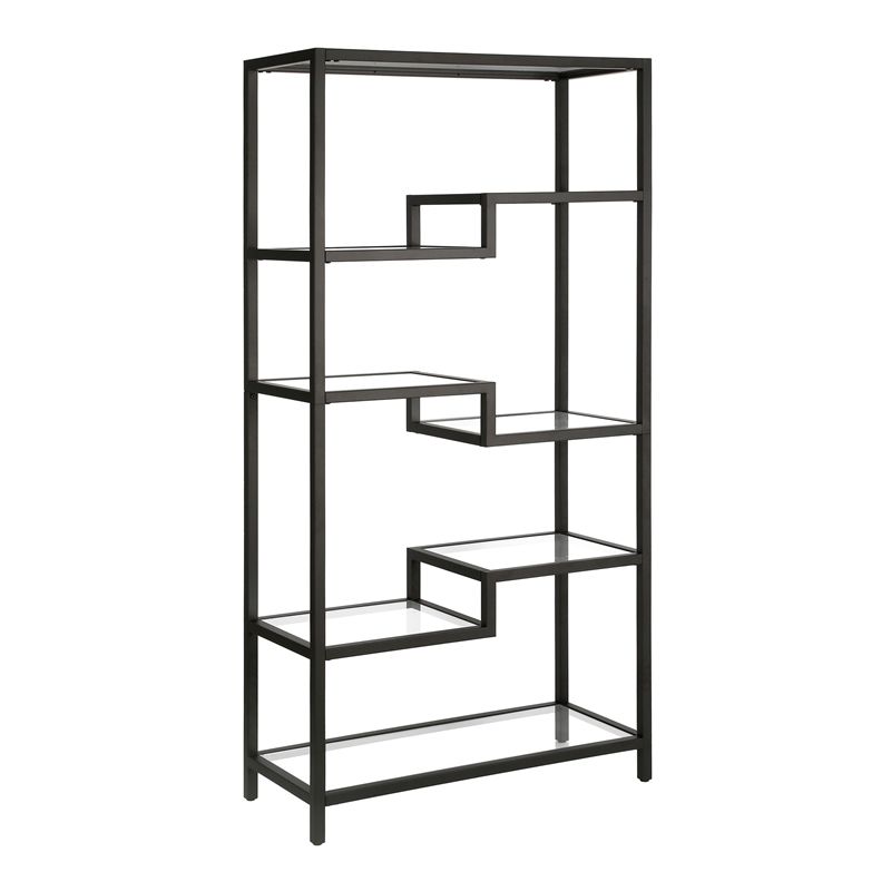 5 Tier Black Metal Book Case with Glass Top Shelves thumbnail 4