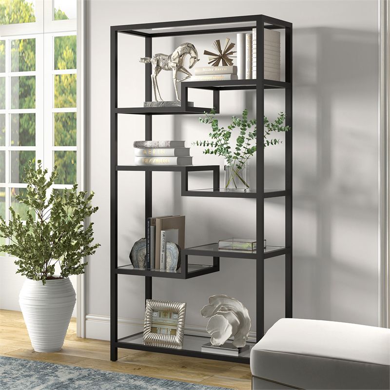 5 Tier Black Metal Book Case with Glass Top Shelves thumbnail 5