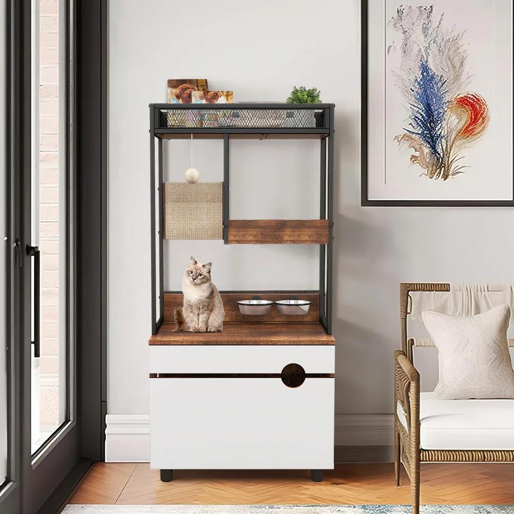 Cat Litter Box Enclosures With Cat Tree Tower thumbnail 2