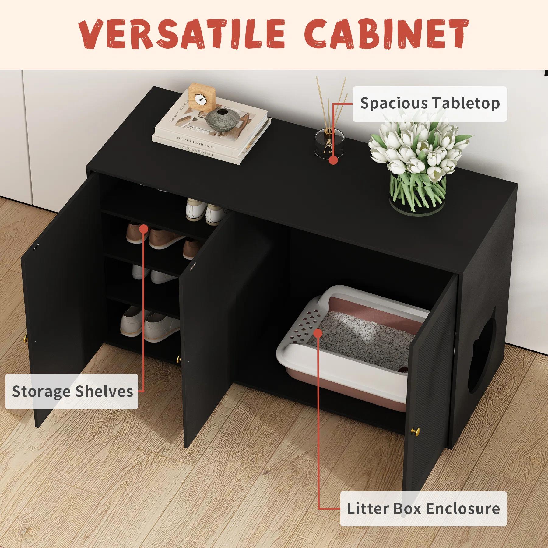 Black Three Door Cat Litter Box Enclosure With 4 Shelves thumbnail 7
