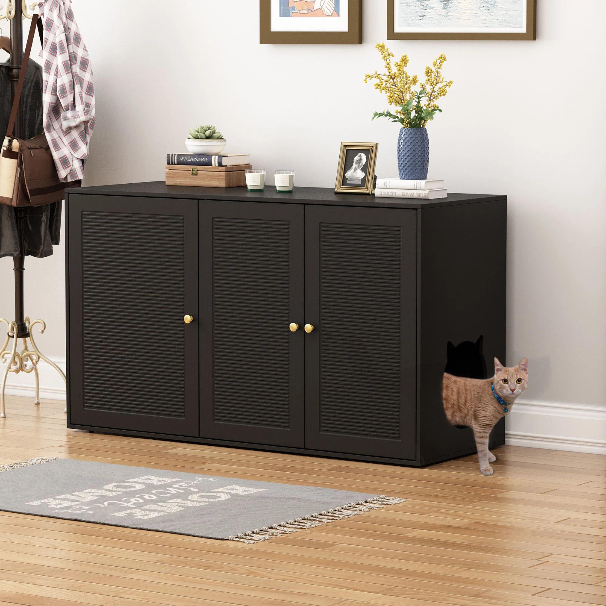 Black Three Door Cat Litter Box Enclosure With 4 Shelves thumbnail 8