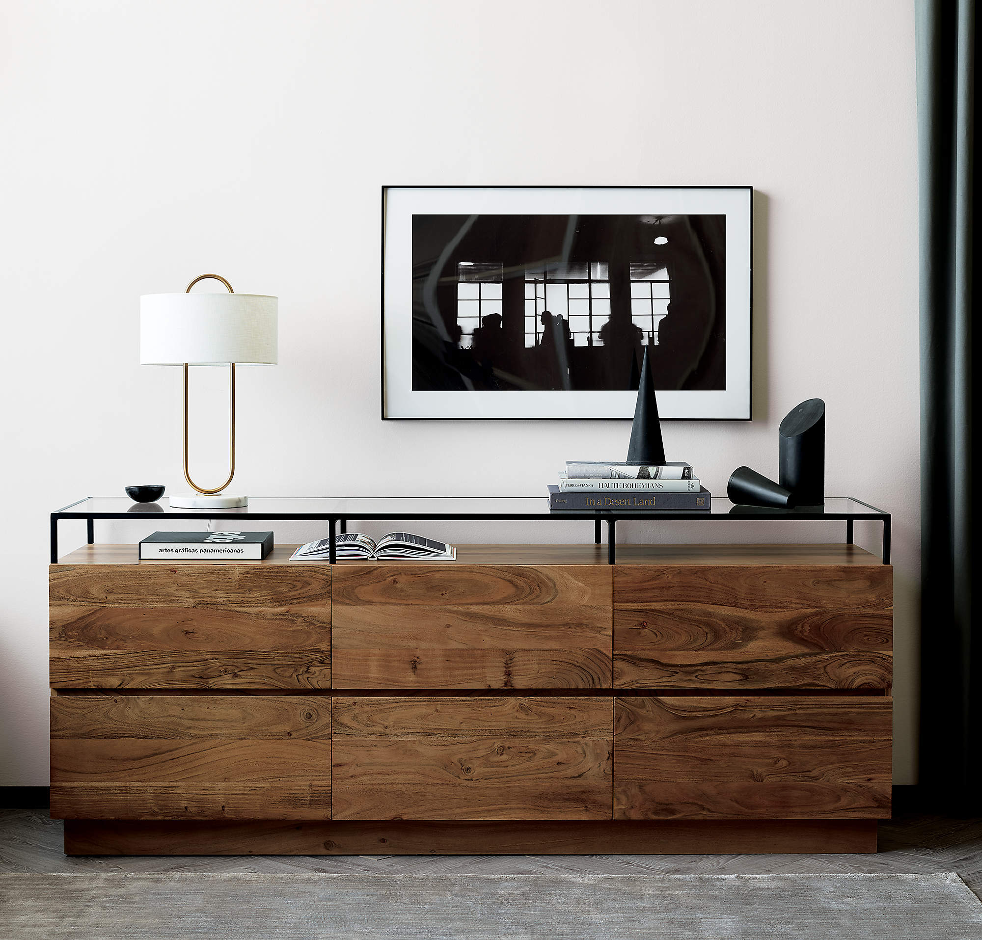 Lawson Low 6 Drawer Wood Dresser with Glass Top thumbnail 2