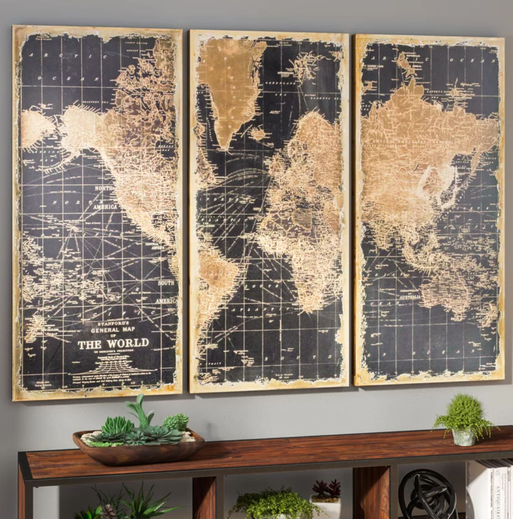 Stanford World Map Framed On Wood 3 Pieces Print thumbnail 2