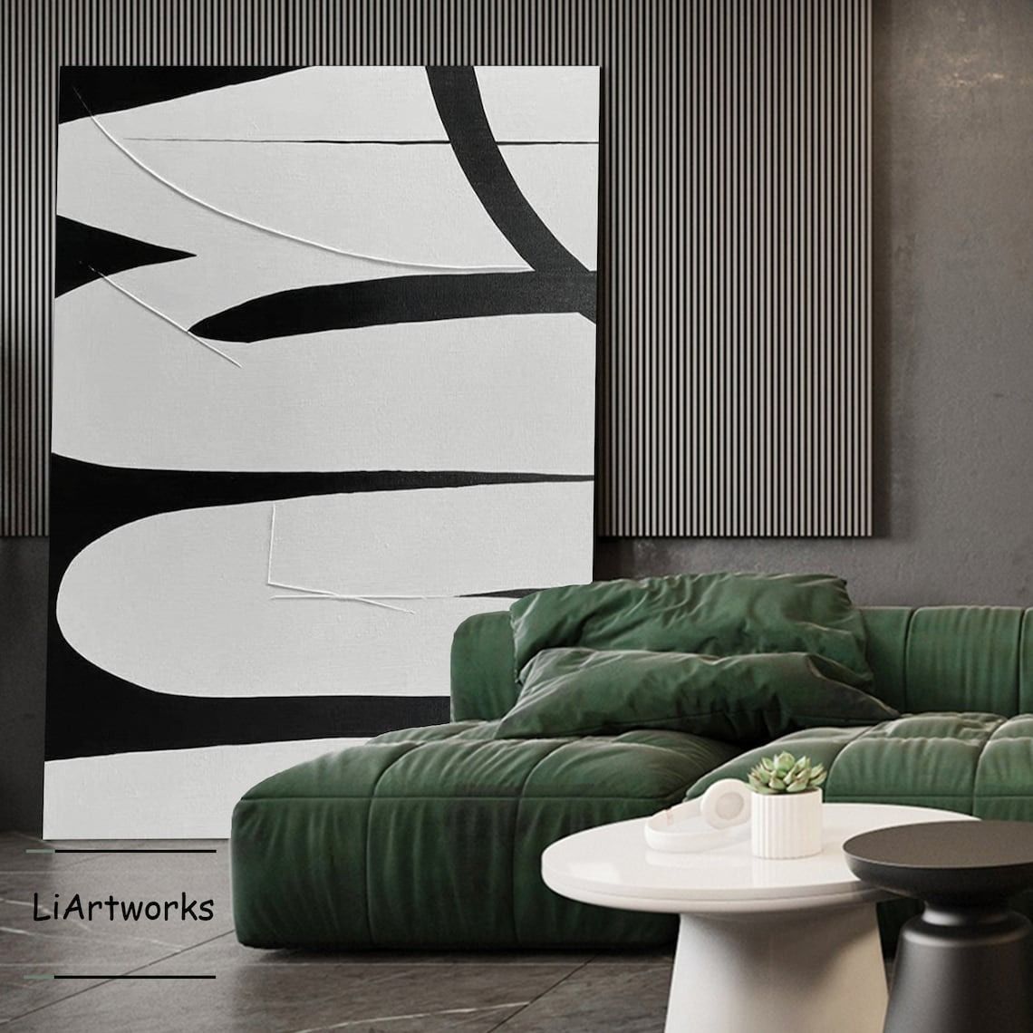 Large Black and White Geometry Abstract Painting thumbnail 2