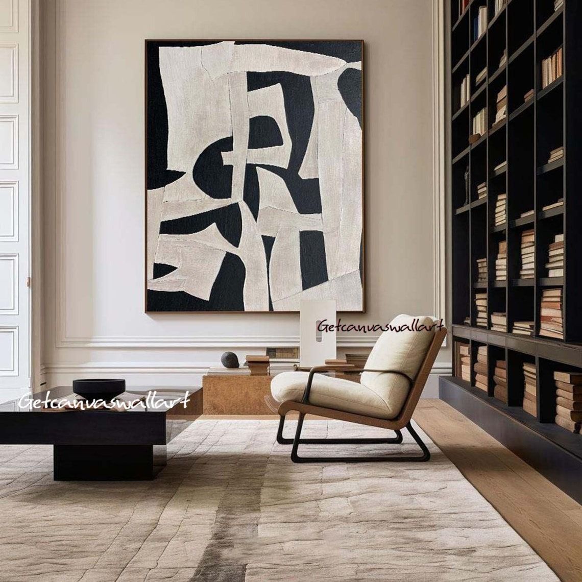 Beige Wabi Sabi Wall Art Black Beige Abstract Painting thumbnail 2