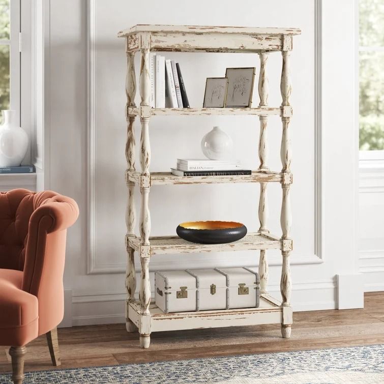 Adella White Wood Distressed Shelf Shelving Unit New thumbnail 2