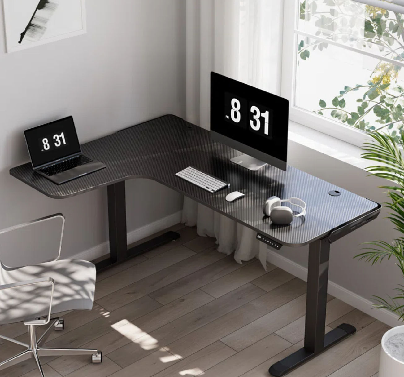 Electric Height Adjustable L-Shaped Standing Computer Desk thumbnail 2