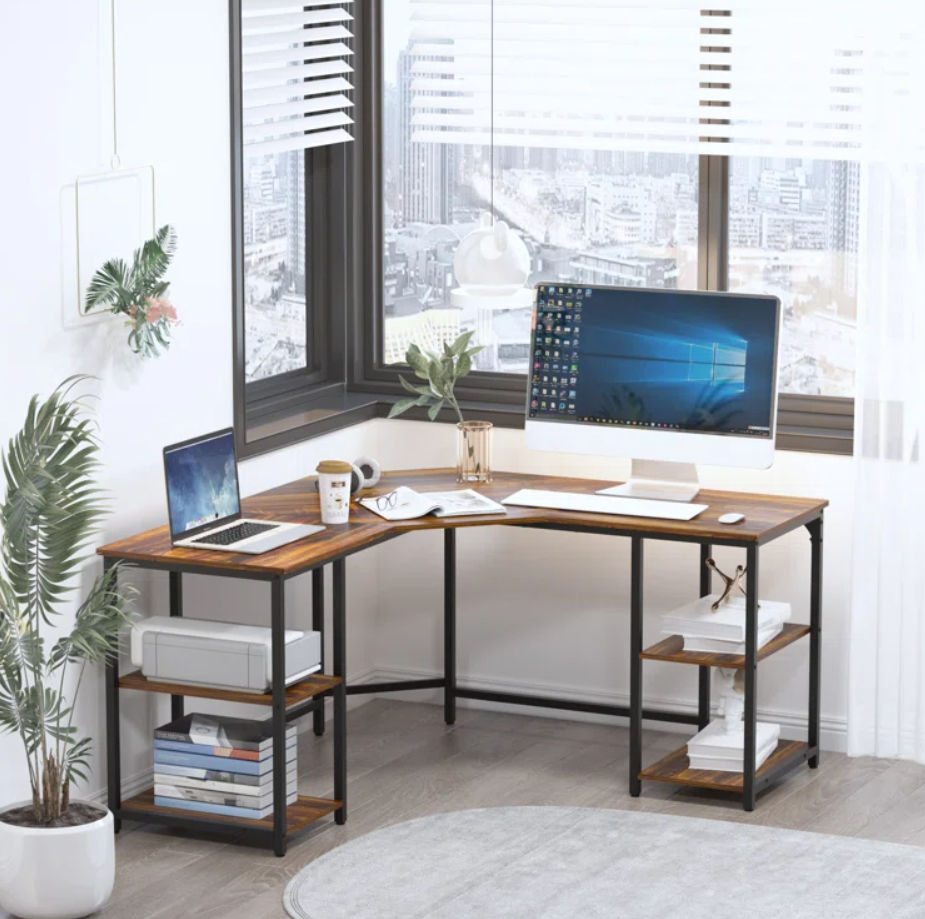 L Shaped Desk with Shelves Corner Computer Desk Large Table thumbnail 2