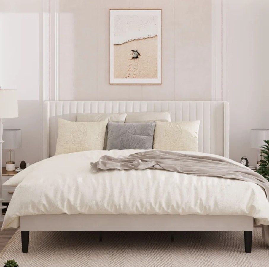 Michiharu Upholstered Platform Bed with Wingback thumbnail 3