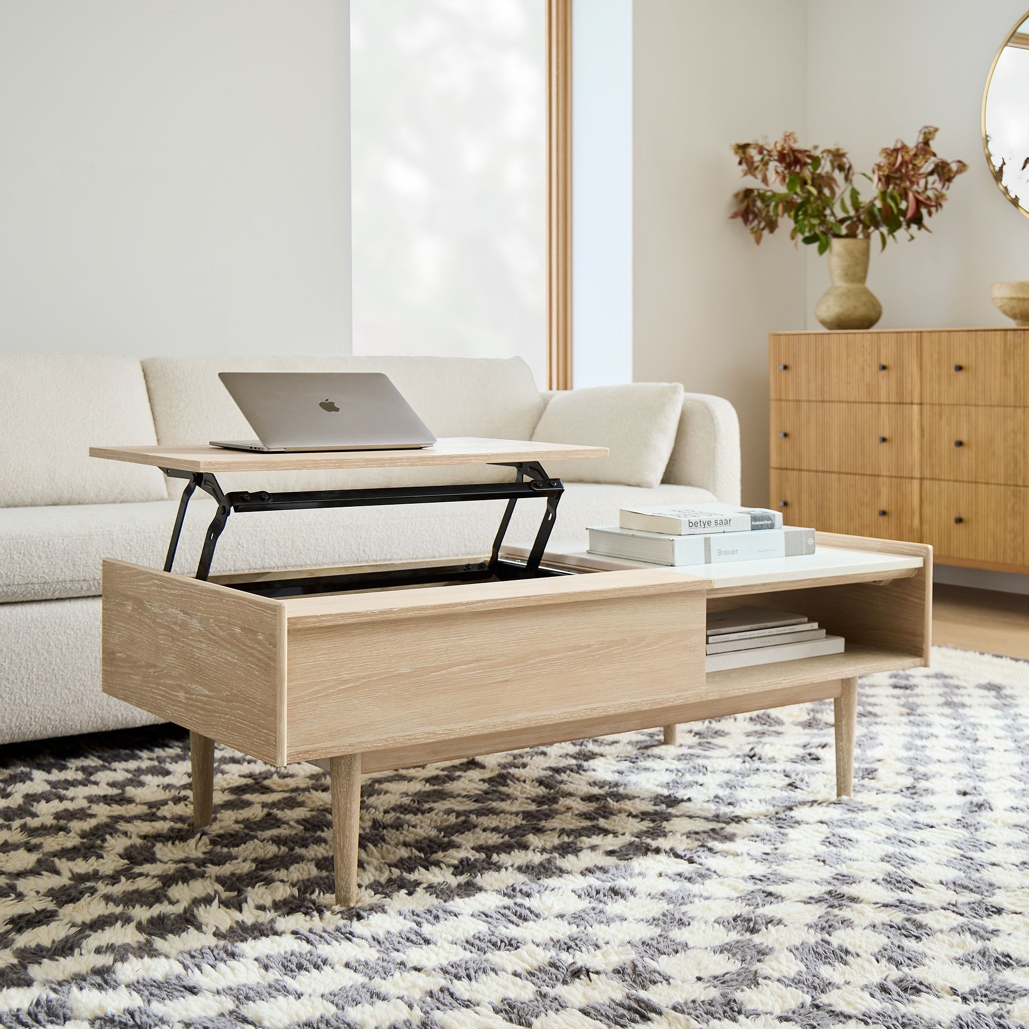 Mid-Century Pop Up Coffee Table Cerused White thumbnail 2