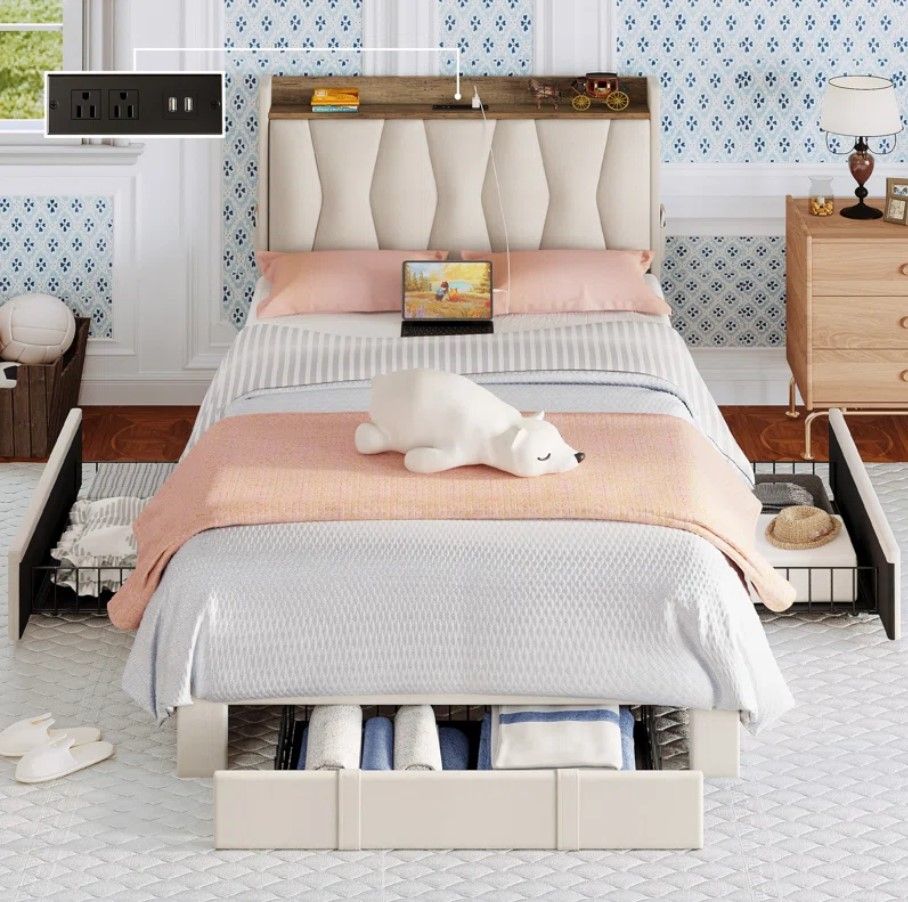 Upholstered Bed Frame with 3 Drawers_Twin thumbnail 3