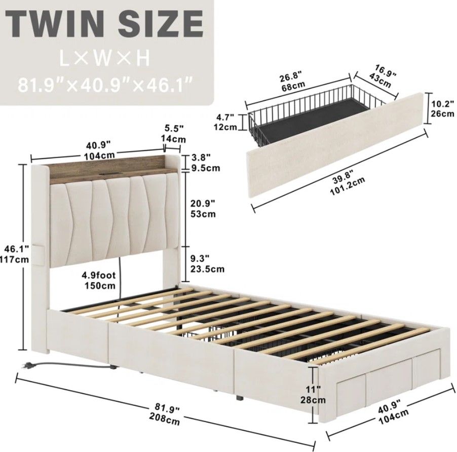 Upholstered Bed Frame with 3 Drawers_Twin thumbnail 4