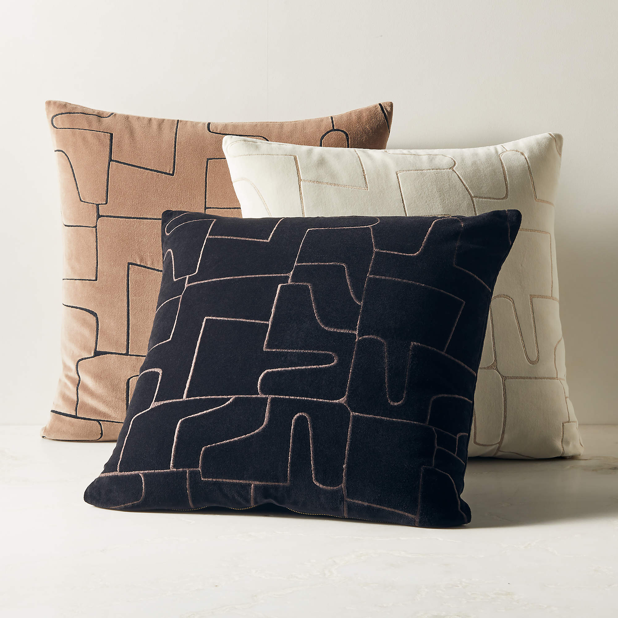 Arabella Sand And Black Velvet Throw Pillow 23x23 thumbnail 2