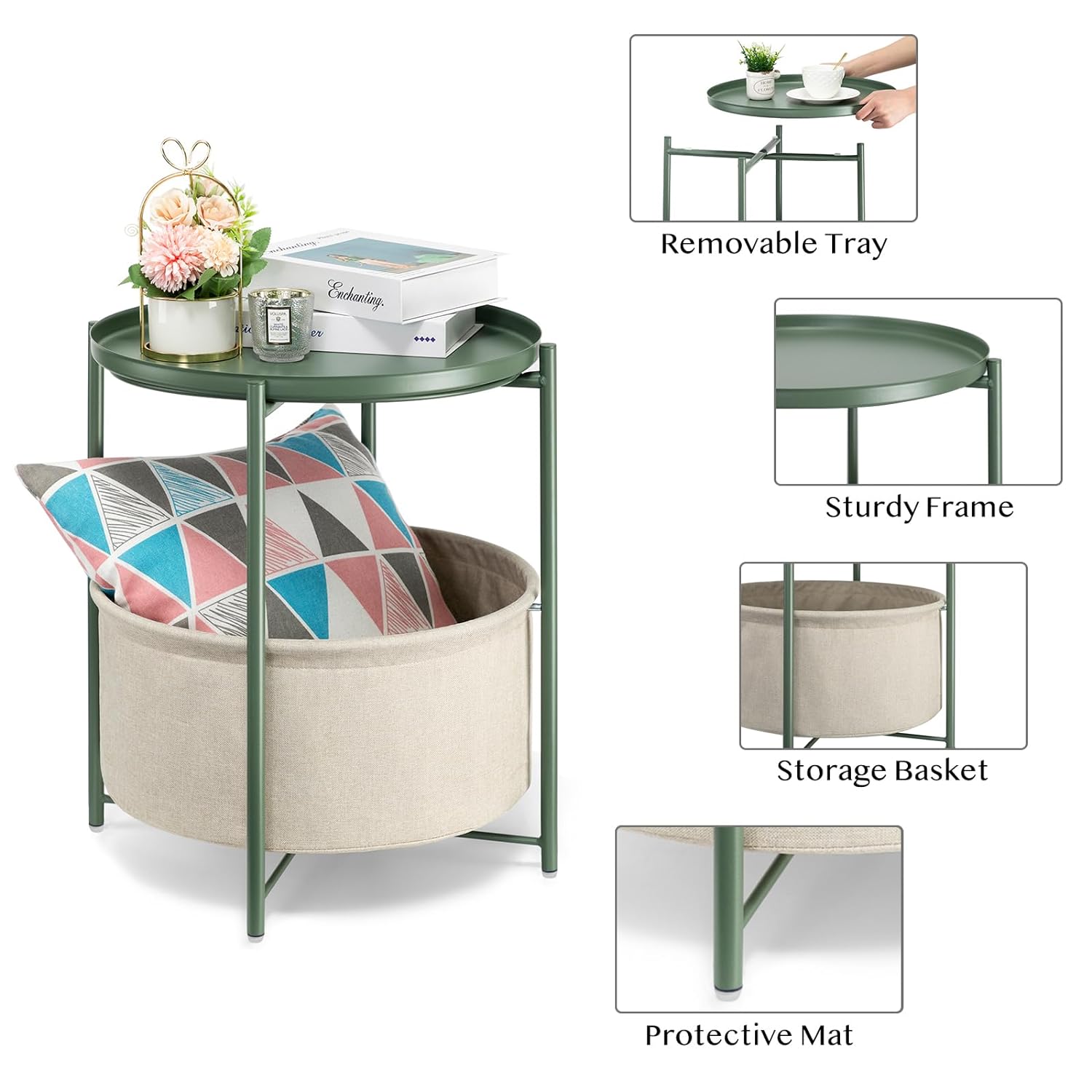 Danpinera Round Side Table with Fabric Storage Basket thumbnail 4