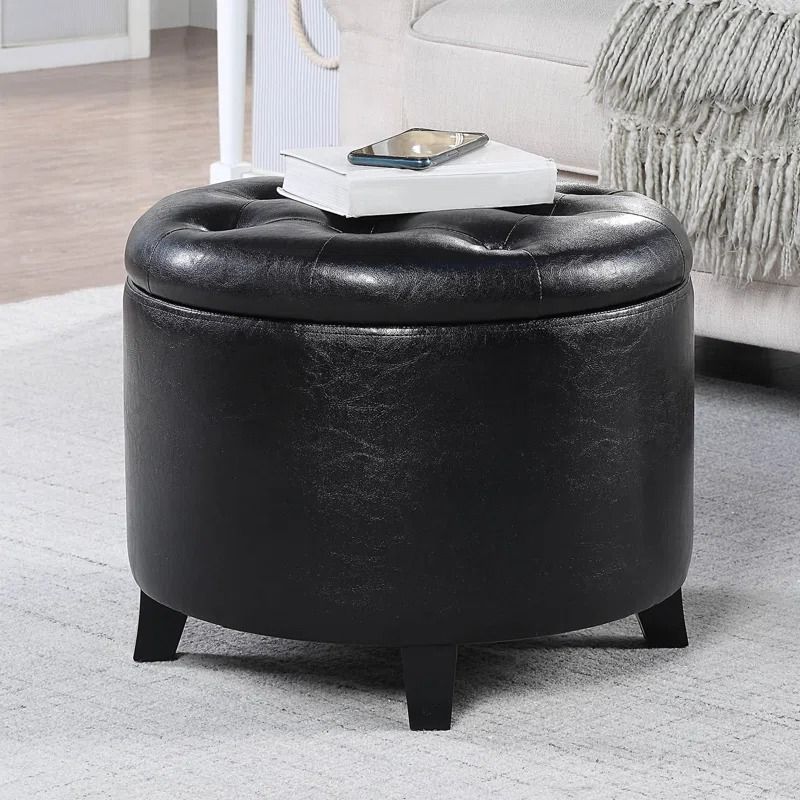 Amable Leather Round Storage Ottoman thumbnail 2