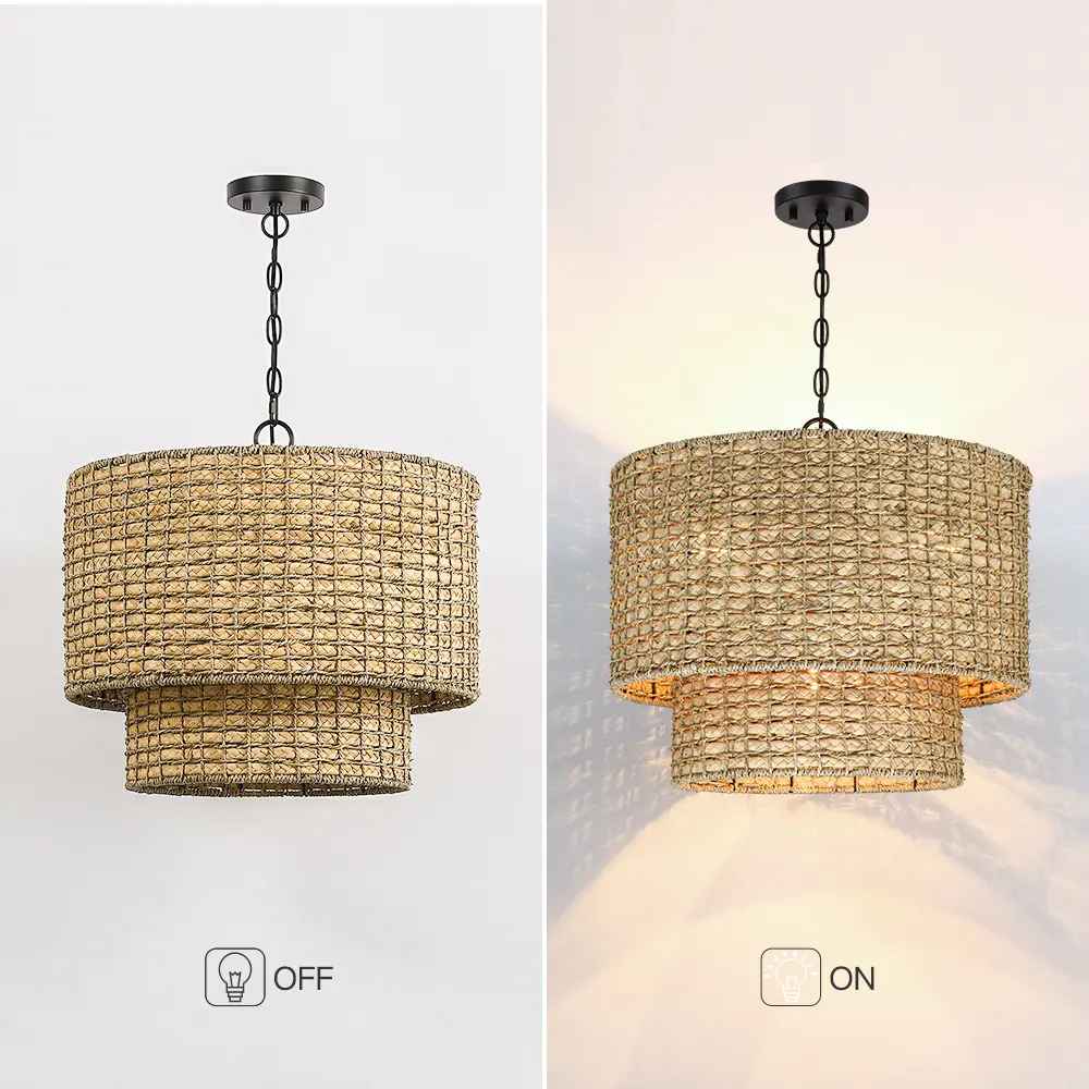 4 Light Natural Rattan Traditional Drum Pendant thumbnail 4