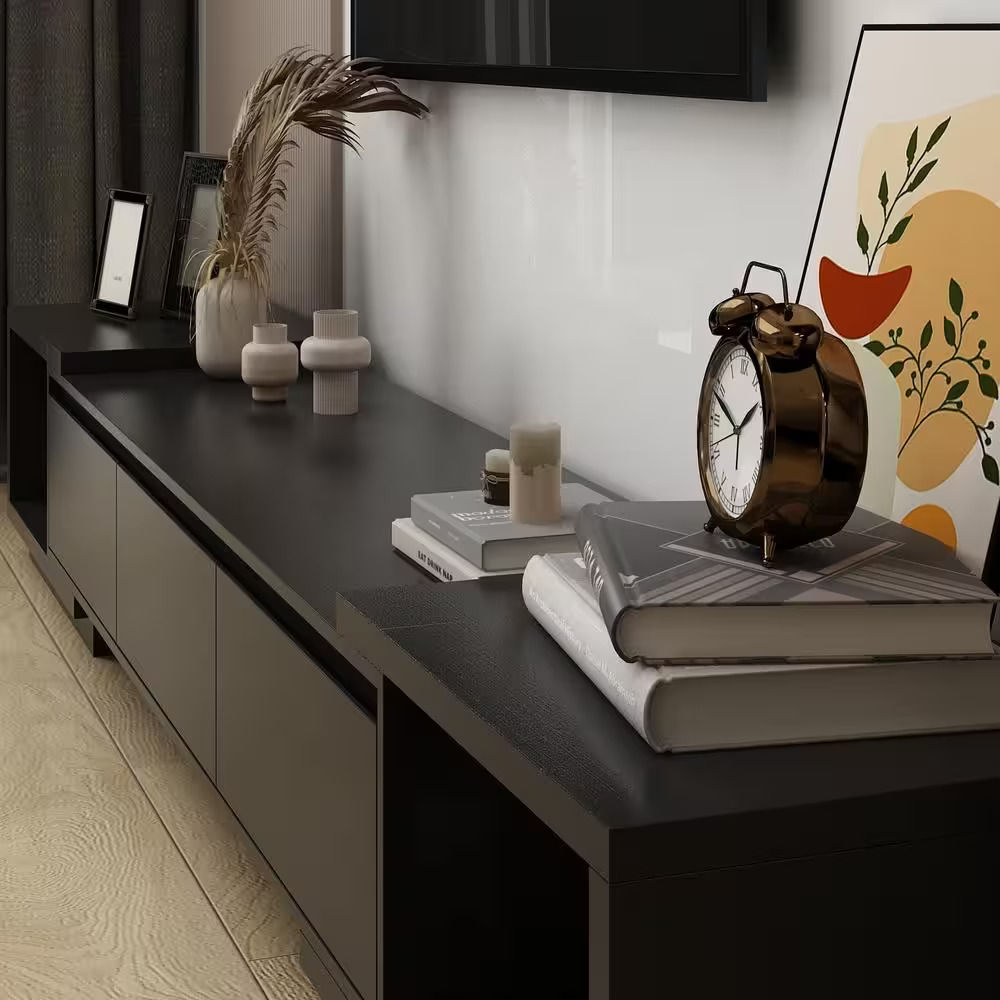 Extendable TV Stand Entertainment Center Black Wood Media Console thumbnail 2