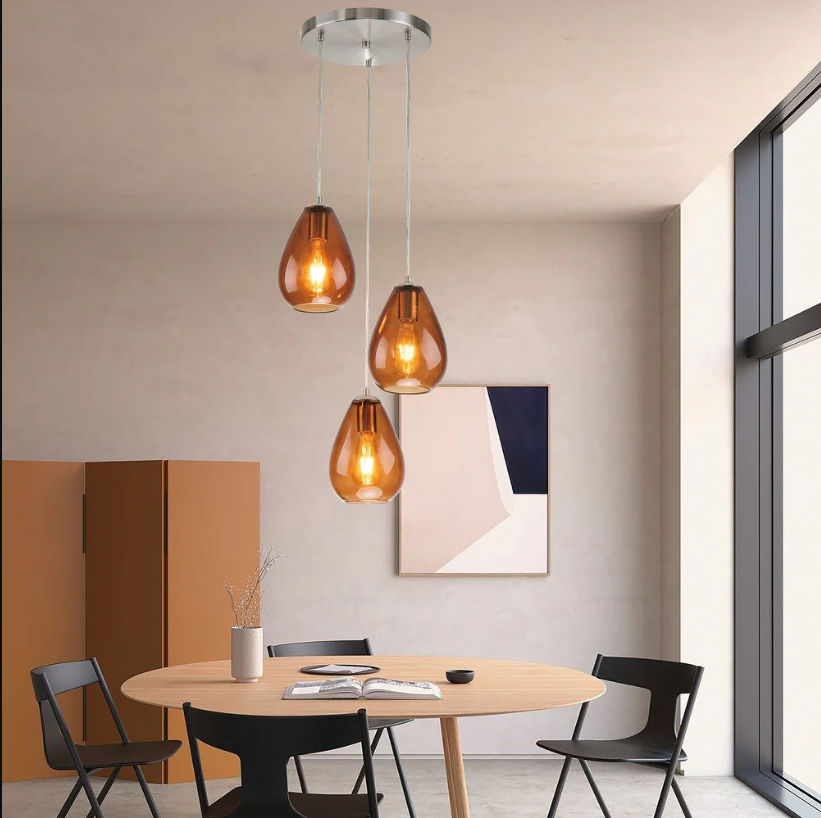 Brushed Nickel 3 Light Pendant with Amber Glass Shades thumbnail 2