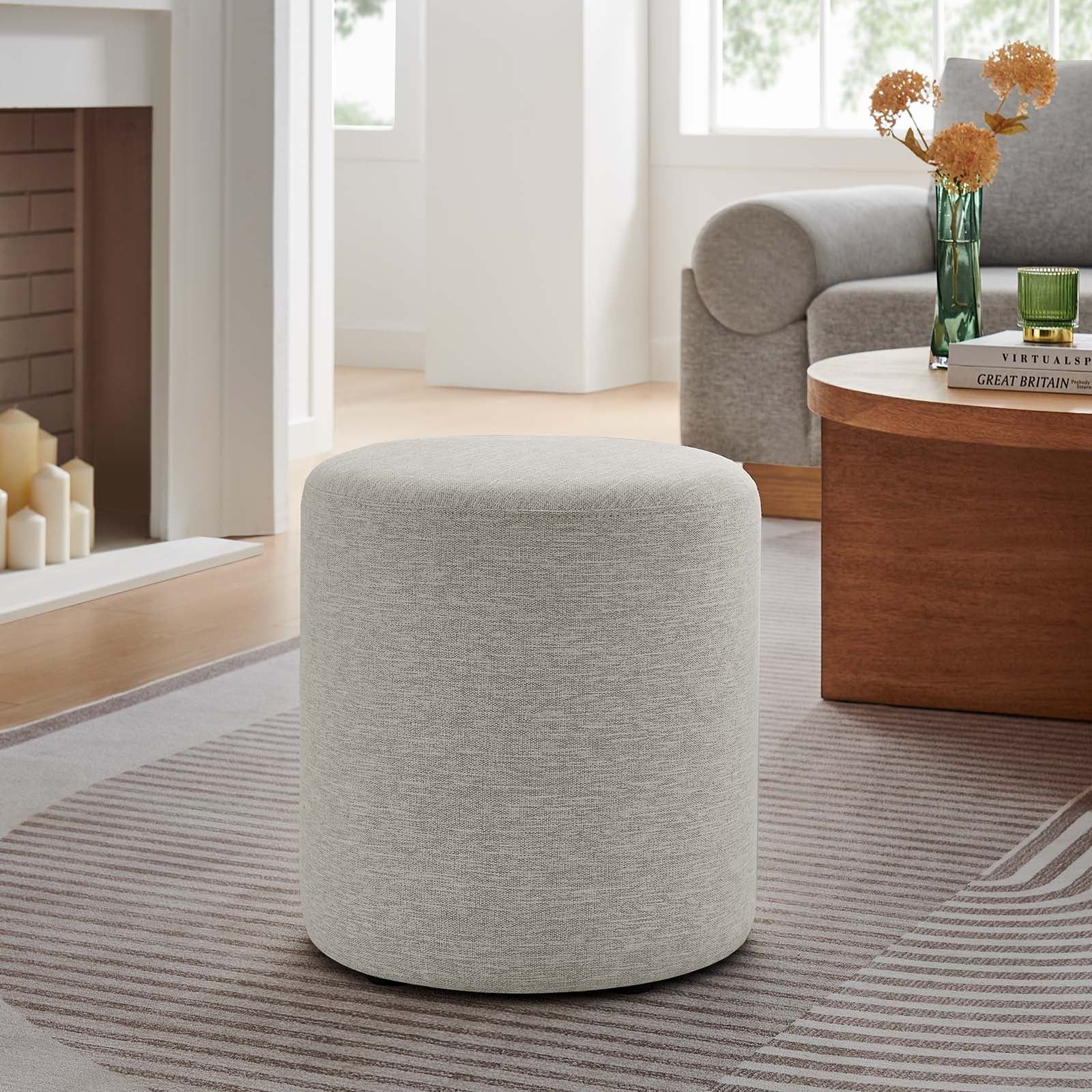 Jake 16" Round Upholstered Ottoman - Ivory thumbnail 2