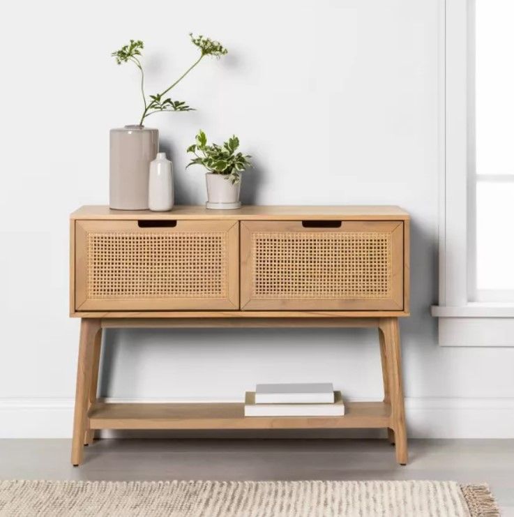 Wood and Cane Console Table with Pull Down Drawers  thumbnail 2