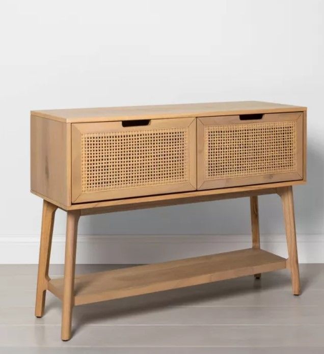 Wood and Cane Console Table with Pull Down Drawers  thumbnail 3
