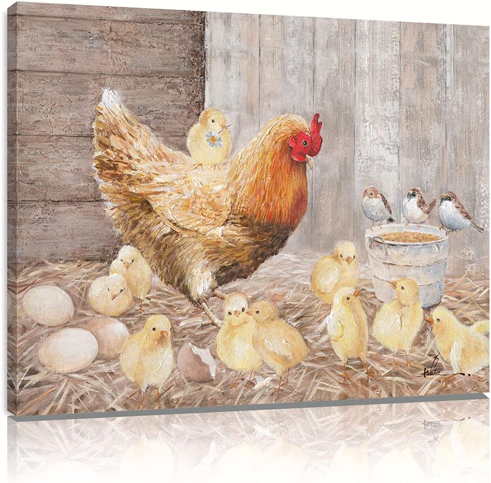 Farmhouse Wall Art Rooster Print Hen Painting Small Born Chicks Picture-16"x24" thumbnail 3