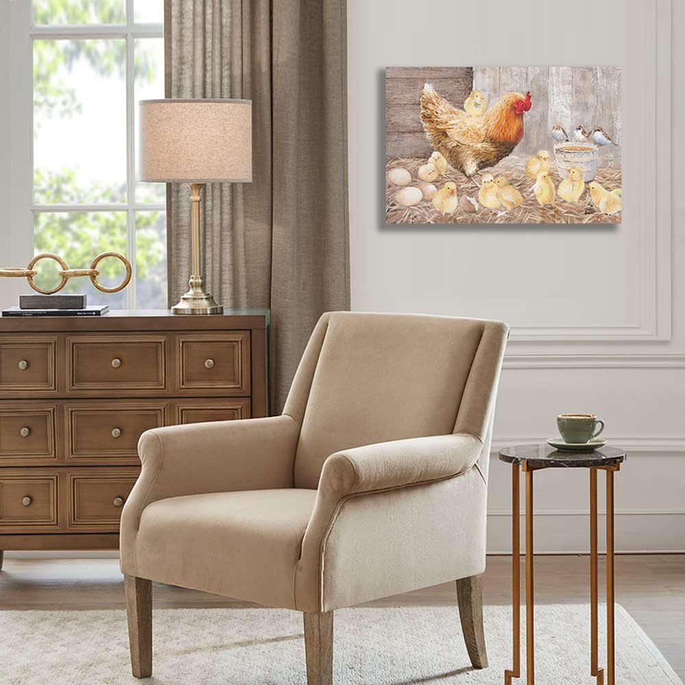 Farmhouse Wall Art Rooster Print Hen Painting Small Born Chicks Picture-16"x24" thumbnail 4