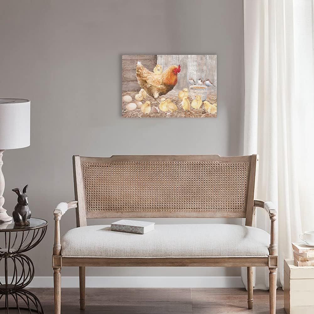 Farmhouse Wall Art Rooster Print Hen Painting Small Born Chicks Picture-16"x24" thumbnail 6