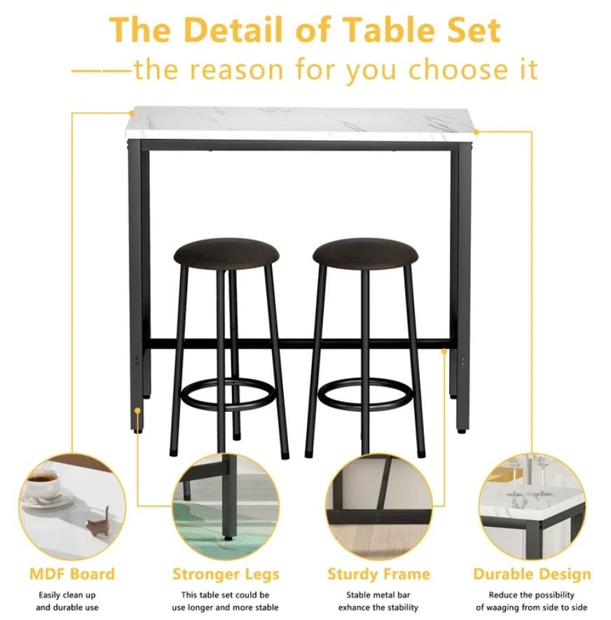 3 Piece Dining Bar Table Set thumbnail 3