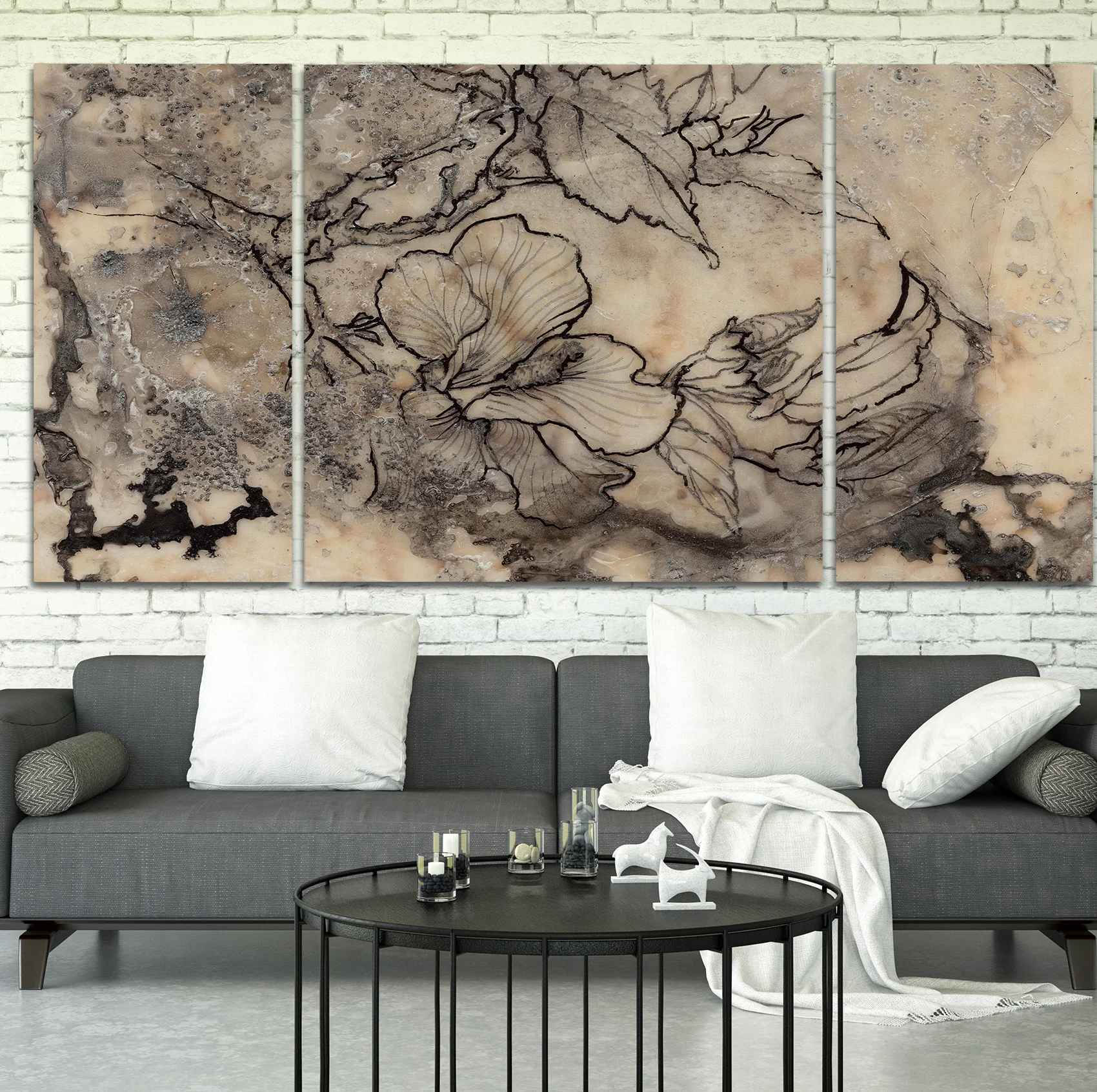 Tattooed Floral I On Canvas 3 Pieces Painting-32"x64" thumbnail 2