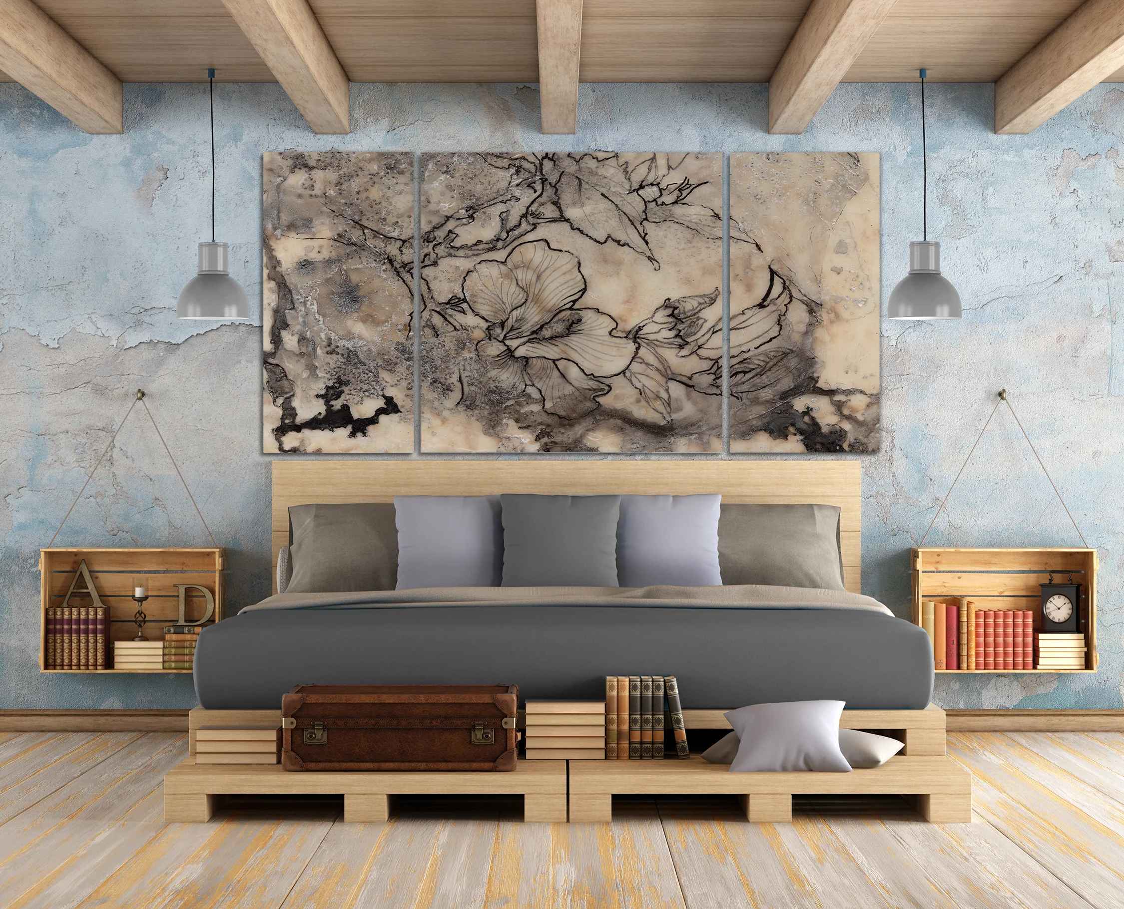 Tattooed Floral I On Canvas 3 Pieces Painting-32"x64" thumbnail 3
