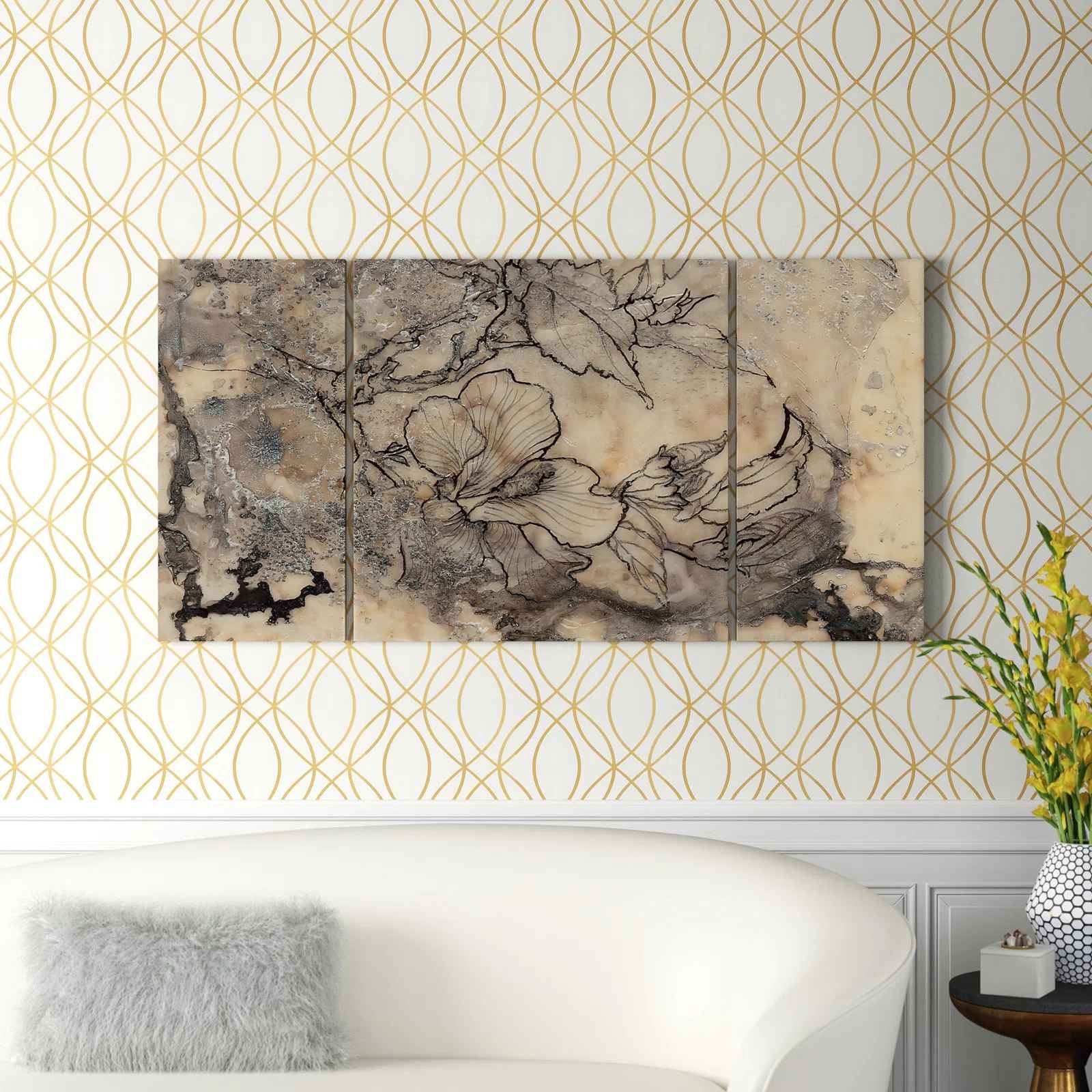 Tattooed Floral I On Canvas 3 Pieces Painting-32"x64" thumbnail 4